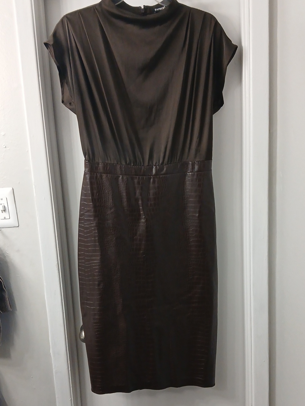 Express Brown Faux-Leather Paneled Midi Dress